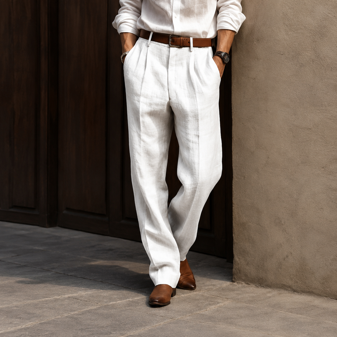 Calças retas masculinas brancas de estilo clássico. Perfeitas para look casual e elegante de verão/primavera. Moda versátil.