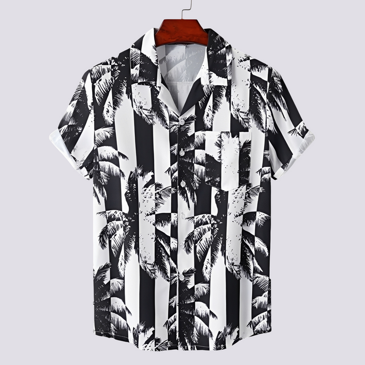 Camisa havaiana masculina de manga curta, estampa tropical vibrante. Roupa casual e elegante para moda masculina de verão.