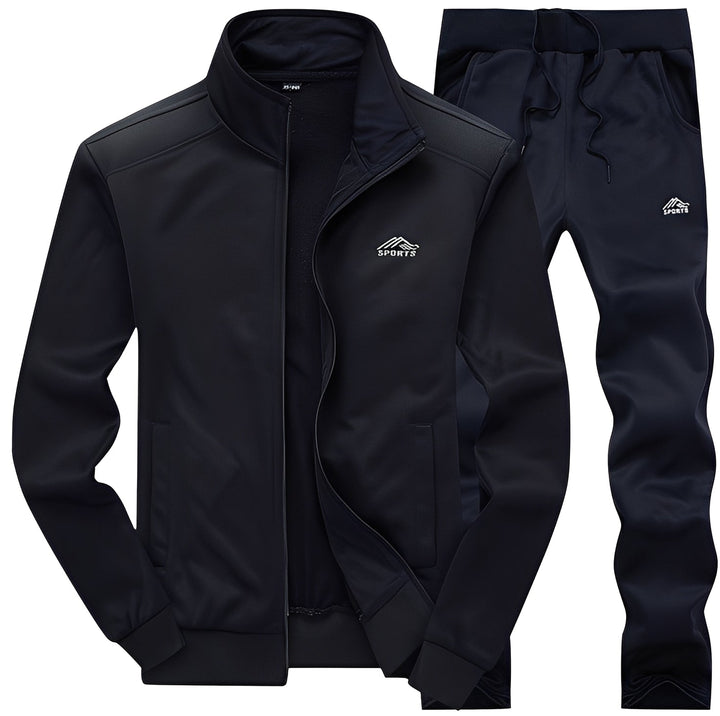 Conjunto masculino elegante, com blusão de moletom e calça esportiva, oferece conforto e estilo para moda masculina casual.
