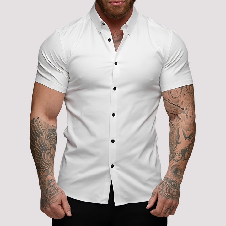 Variedade de cores de camisa masculina slim fit manga curta. Estilo moderno casual chic, ideal para conforto e verão.