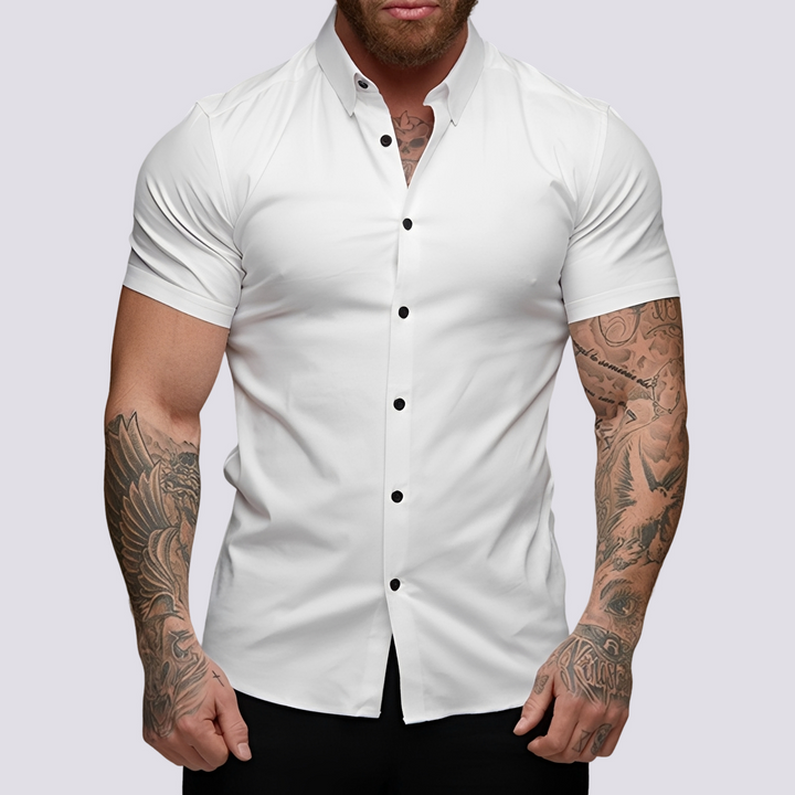 Camisa masculina casual de verão, cores vibrantes. Roupa masculina com lapela elástica para conforto e estilo.