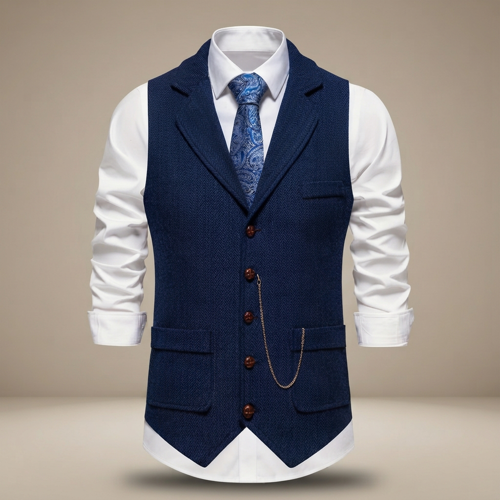 Colete masculino retrô Clayton, casual elegante com espinha de peixe. Versátil para sobreposição masculina.