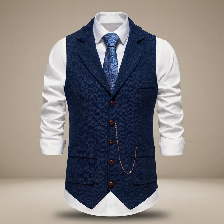 Colete masculino retrô Clayton, casual elegante com espinha de peixe. Versátil para sobreposição masculina.