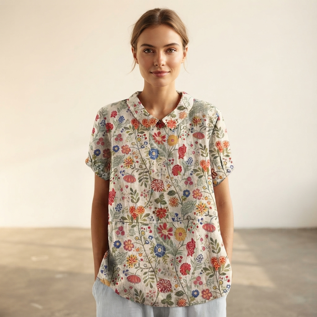 Moda feminina: Blusa floral de verão, elegante e confortável, com manga curta e decote redondo. Perfeita para um look casual.
