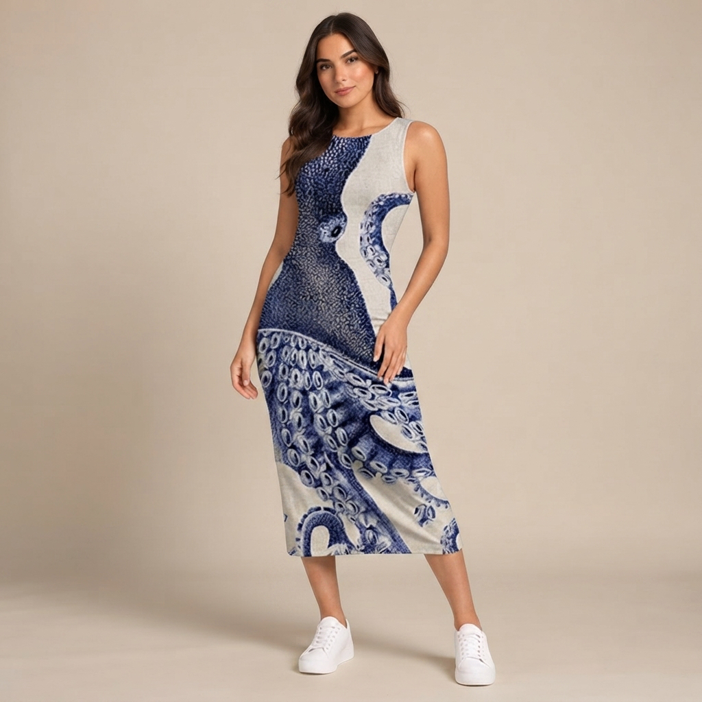 Vestido feminino fluido sem mangas, perfeito para verão e praia. Estilo casual, solto e confortável.