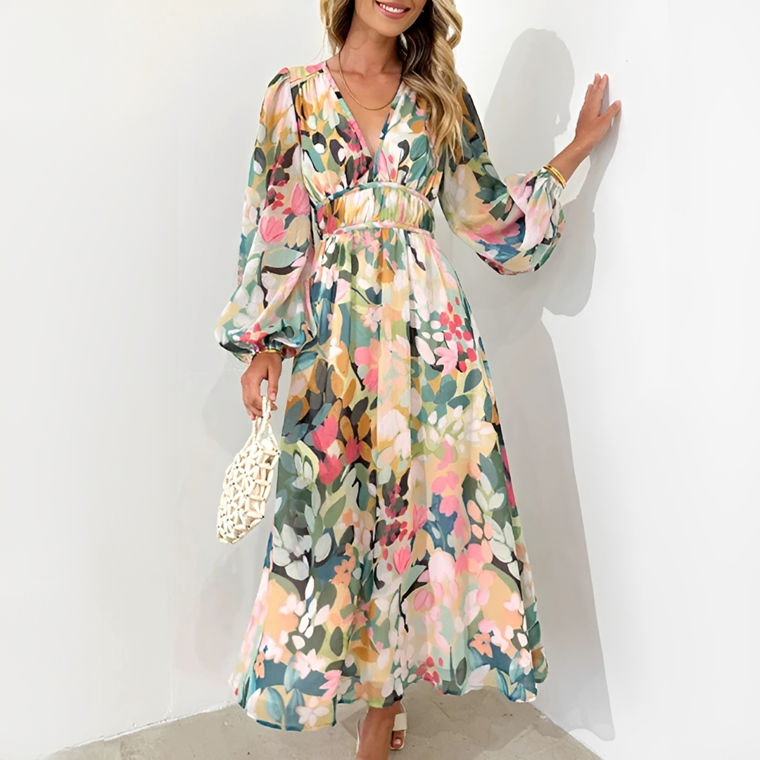 Vestido longo feminino verde com manga longa e caimento fluido, um visual elegante e confortável para a moda outono.
