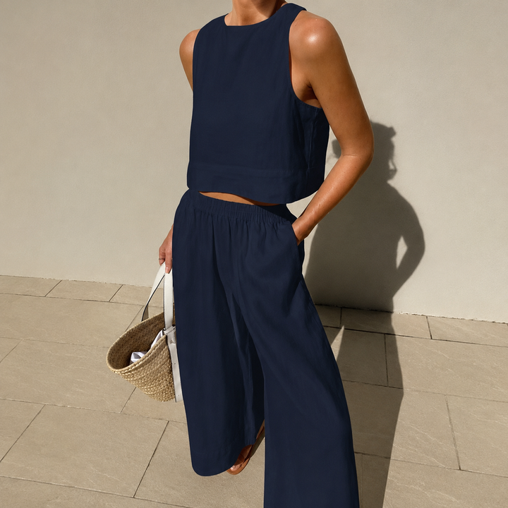 Conjunto feminino Thelma com calças casuais. Conforto e estilo descontraído para a moda verão.
