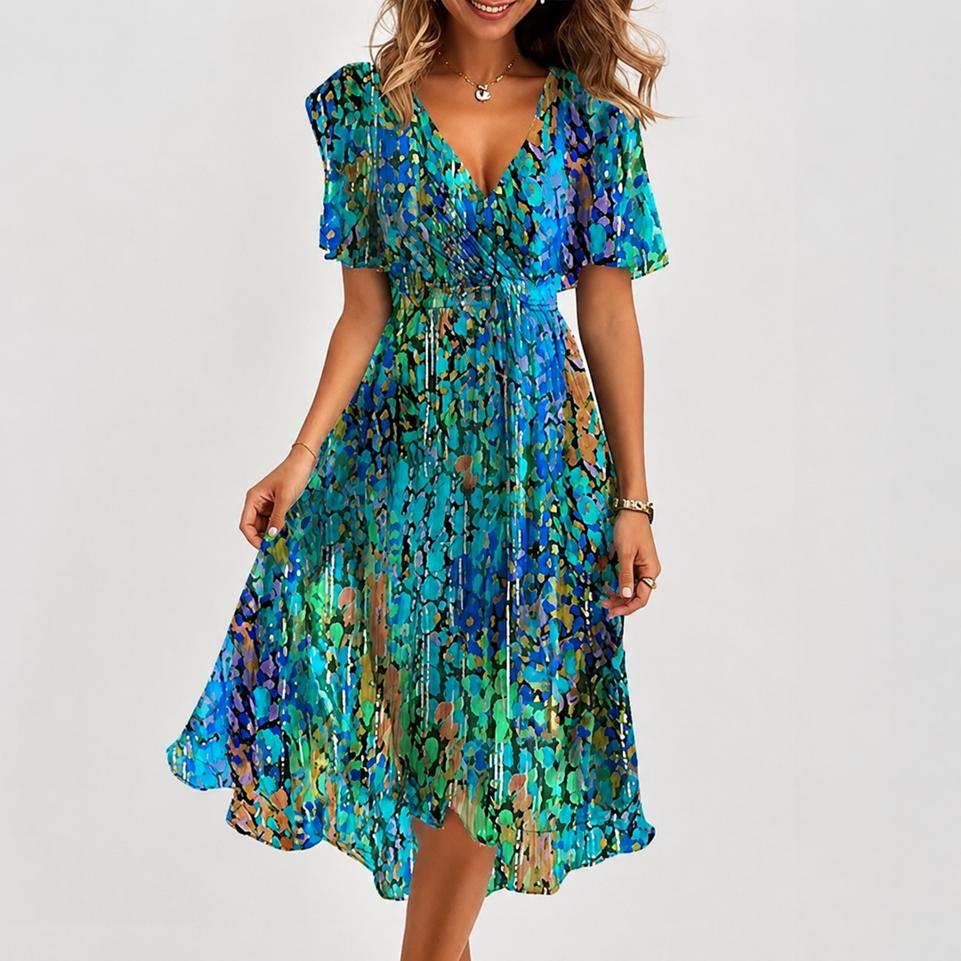 Roupa feminina: Vestido midi com decote em V, tecido fluido, perfeito para ocasiões de verão e primavera.