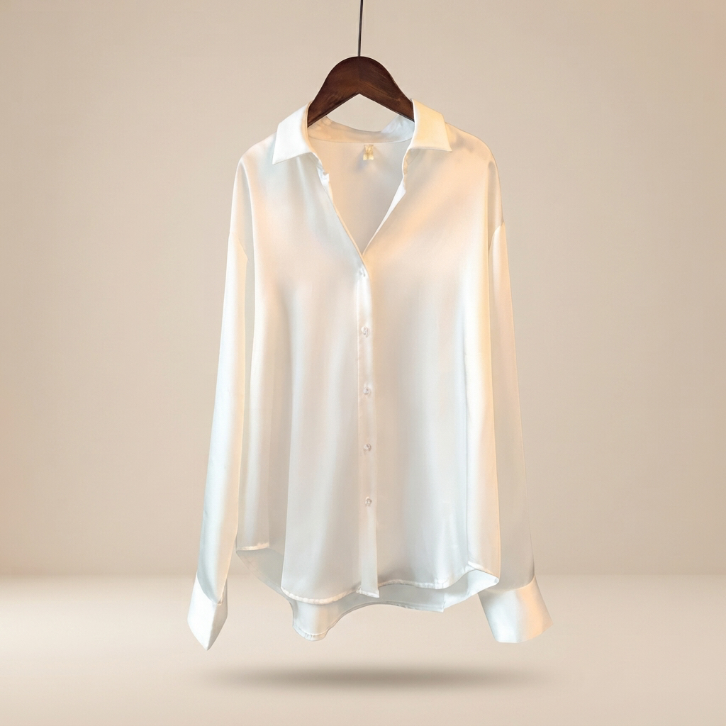 Top feminino brilhante de manga comprida, perfeito para roupa de trabalho ou um look casual elegante.