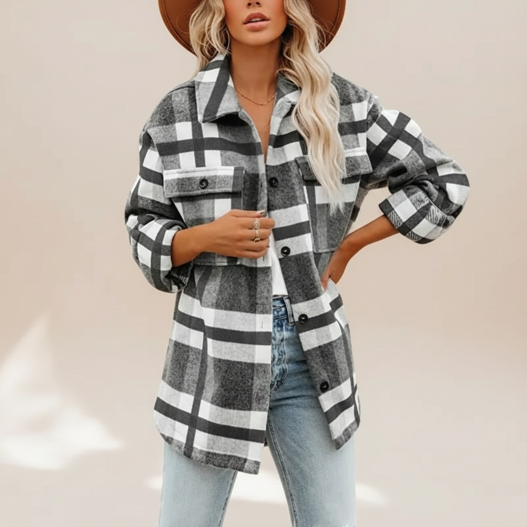 Roupa feminina: camisa confortável quadriculada, com botões, ideal para um estilo casual moderno e chic.