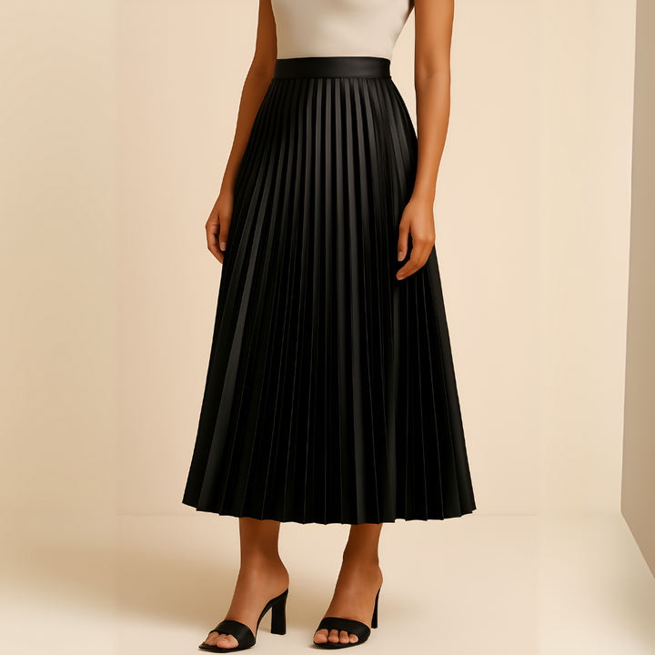 Saia midi plissada elegante feminina, cintura alta, perfeita para looks de moda formal ou casual chique.