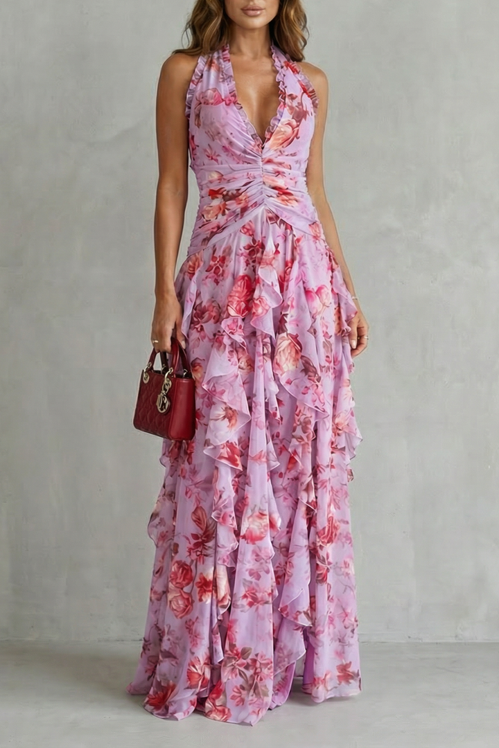Vestido maxi feminino romântico com estampa de rosas vibrantes e decote halter elegante para celebrações de verão.