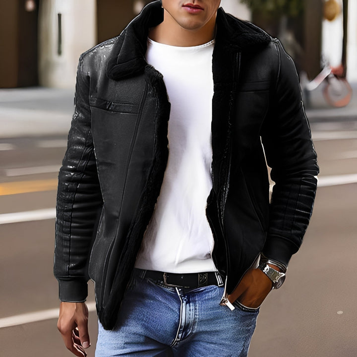 Sobretudo masculino de inverno, quente e confortável. Moda masculina para temperaturas baixas e estilo casual.