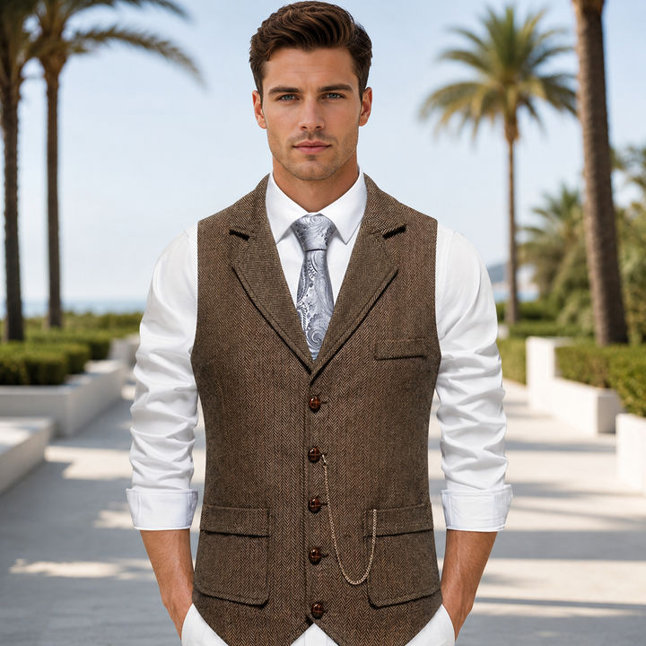 Colete masculino Clayton retrô, casual elegante, padrão espinha de peixe. Ideal para sobreposição clássica.