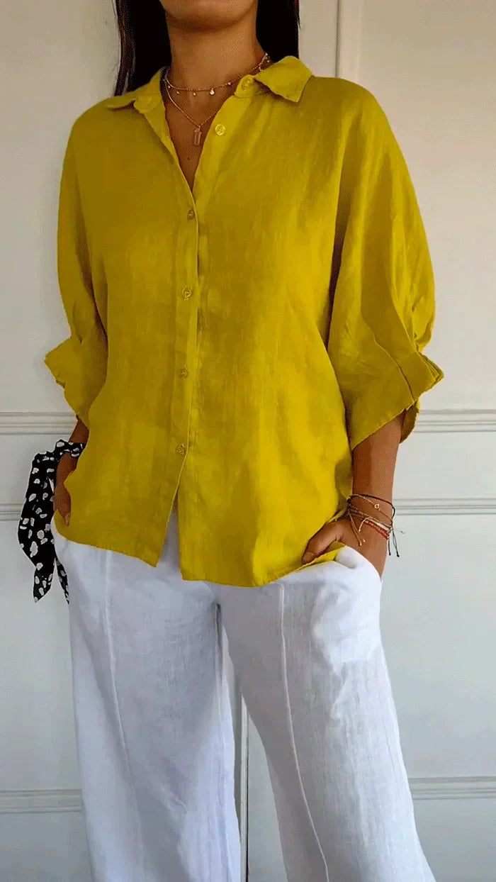 Blusa feminina confortável de verão/primavera com botões. Para um estilo casual elegante, moda versátil.