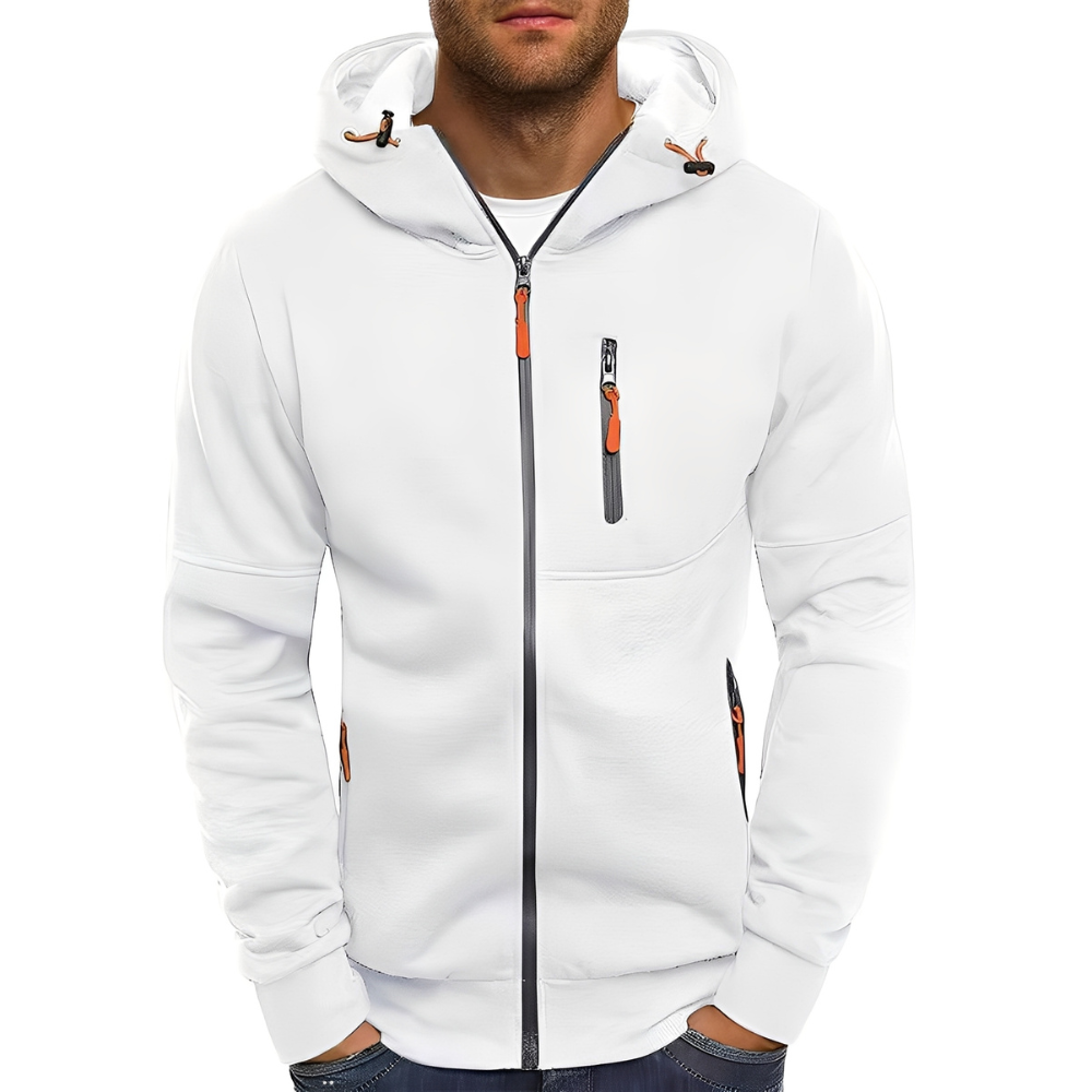 Jaqueta masculina casual com capuz, design moderno. Essencial para moda masculina, oferece conforto e estilo.