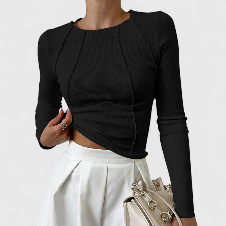 Blusa feminina de manga comprida confortável, decote redondo, ideal para o dia a dia e estilo atemporal.