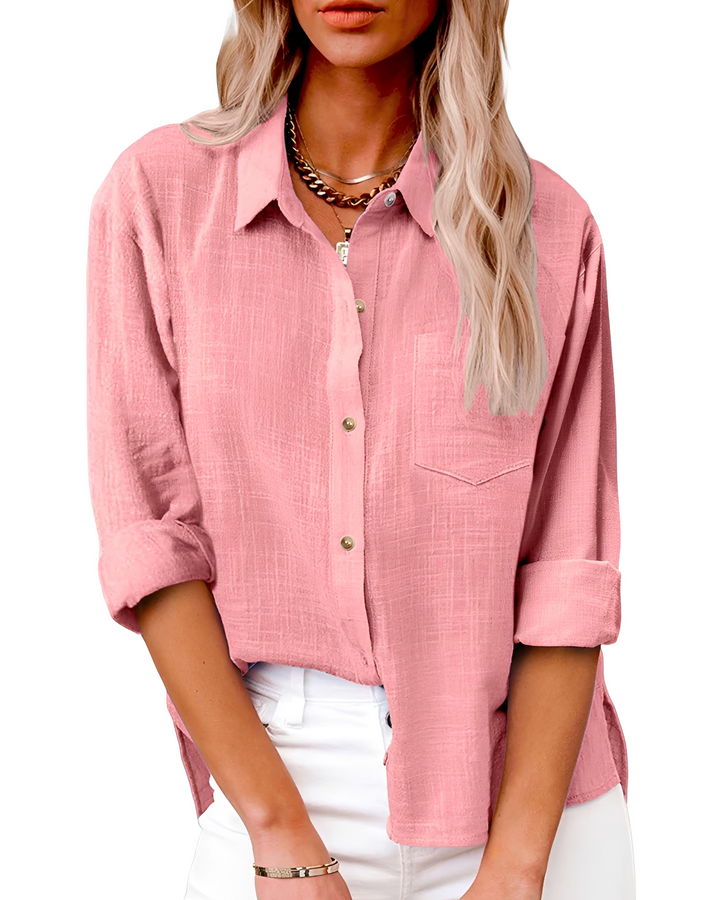 Camisa feminina casual com botões frontais, ideal para o dia a dia e ambiente de trabalho.