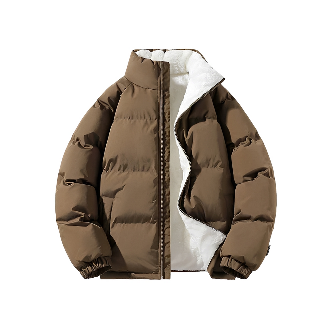 Jaqueta masculina acolchoada de inverno com gola alta, zíper frontal, outwear casual para dias frios.