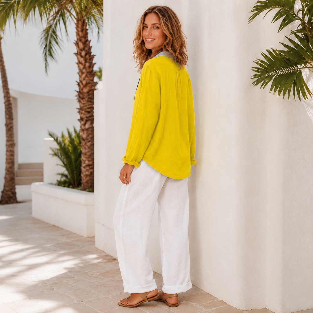 Moda feminina: blusa casual de manga longa com botões, ideal para looks diários e versáteis.