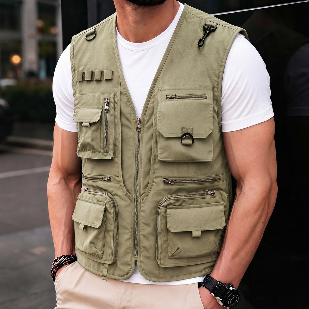 Colete masculino utilitário multibolsos para organização e conforto em aventuras e viagens outdoor.