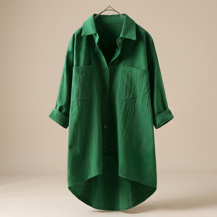 Camisa feminina elegante com botões, manga longa, versátil para looks casuais e de trabalho no verão.