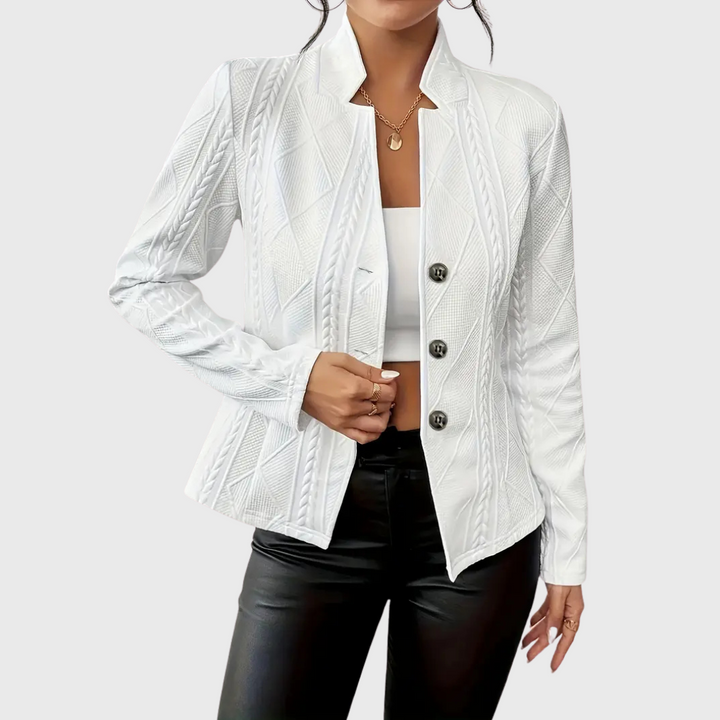 Jaqueta feminina Rita elegante, perfeita para escritório e eventos sociais, com detalhes sofisticados e estilo moderno.