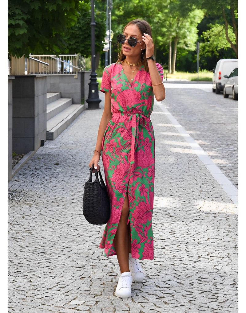 Vestido estampado floral vibrante, perfeito para looks de primavera-verão.