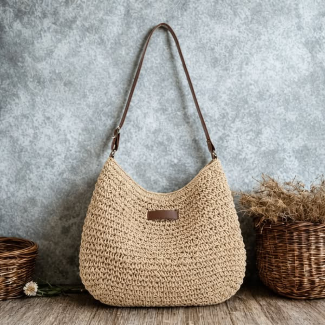 Acessório feminino: bolsa trançada, elegante e prática, ideal para moda casual e organizar.