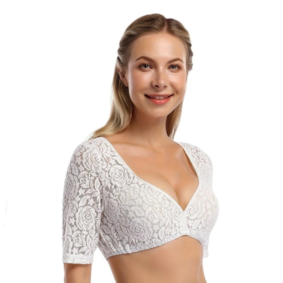 Blusa Dirndl feminina branca moderna para Oktoberfest, mangas 3/4 e detalhes de renda. Traje elegante e confortável.
