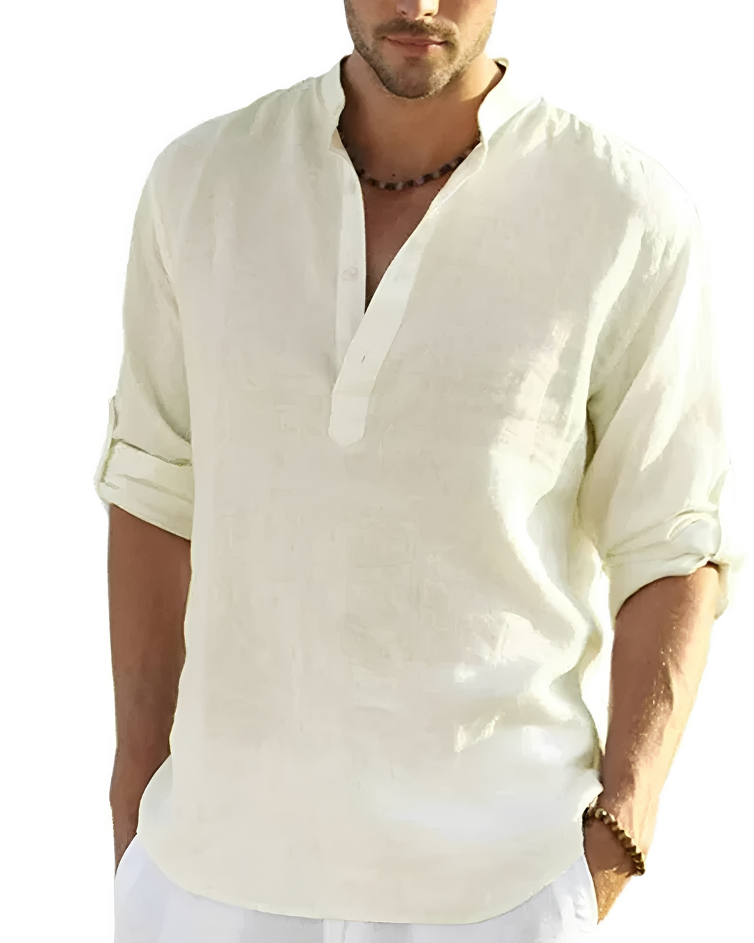 Camisa masculina casual de manga longa decote V. Estilo versátil para o dia a dia e moda outono.