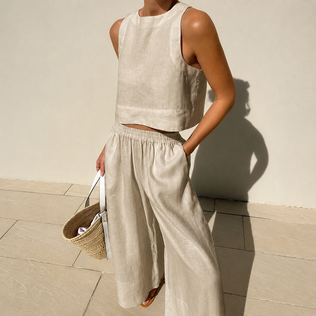 Calças casuais e blusa do conjunto feminino Thelma. Elegância descontraída para moda feminina.