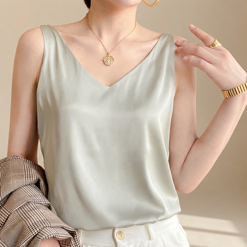 Blusa casual feminina decote V, perfeita para o verão. Estilo moderno sem mangas.