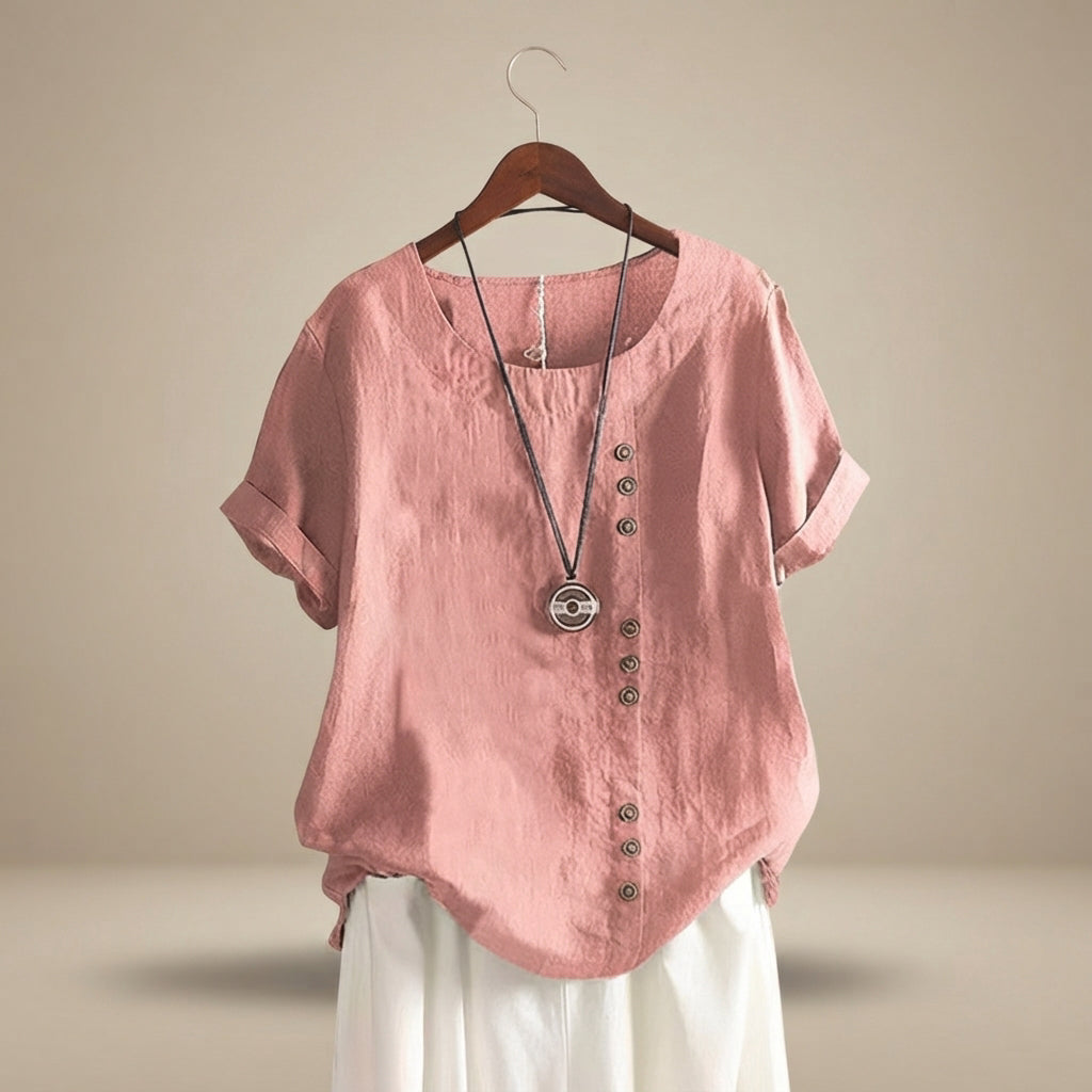 Blusa feminina elegante Jayla com manga curta para o verão. Roupa casual e estilosa, ideal para diversas ocasiões.