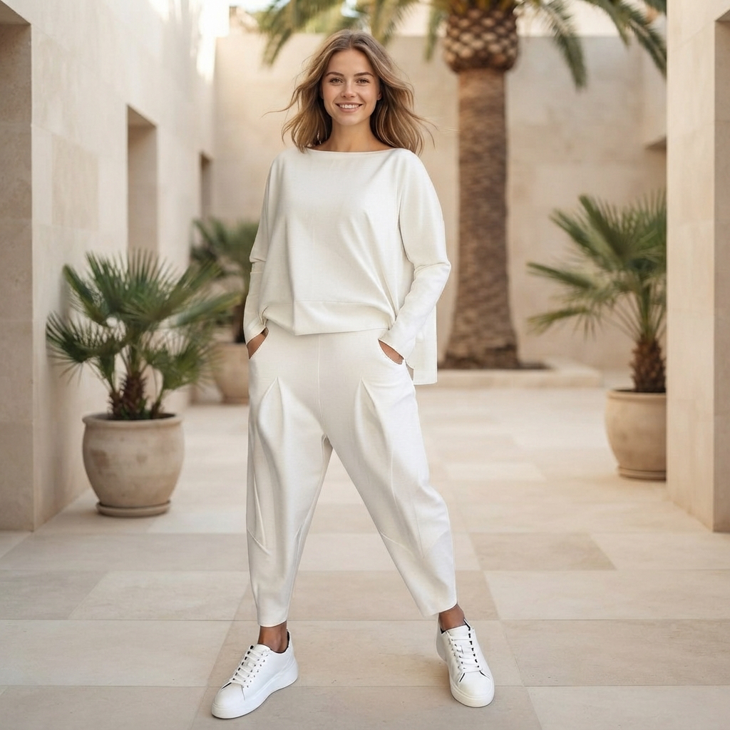 Conjunto feminino casual elegante: blusa gola redonda e calças soltas. Moda feminina confortável para verão.