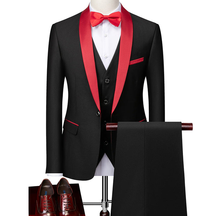 Homem veste terno formal slim-fit de 3 peças. Conjunto masculino elegante para ocasiões sociais e moda executiva.