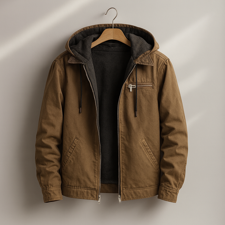Jaqueta masculina robusta de inverno com capuz, ideal para o frio intenso e estilo casual. Conforto e proteção garantidos.