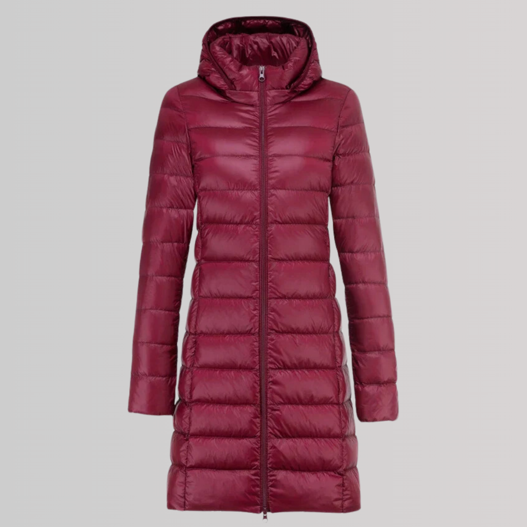 Casaco feminino longo ultraleve, ideal para outono/inverno. Elegância casual e conforto em moda feminina.