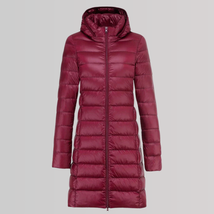Casaco feminino longo ultraleve, ideal para outono/inverno. Elegância casual e conforto em moda feminina.