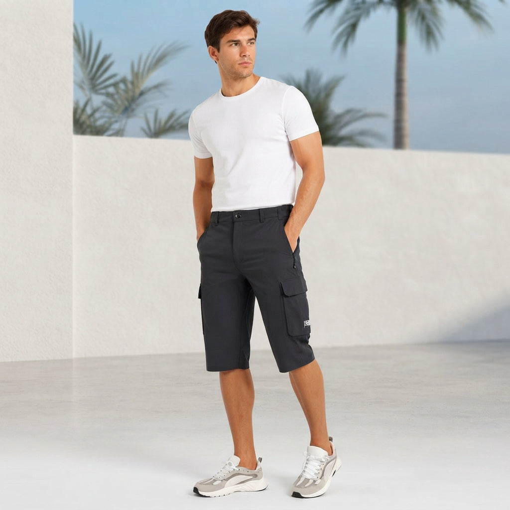Shorts cargo masculinos elásticos, confortáveis e com estilo casual para o verão. Inclui bolsos práticos para o dia a dia.