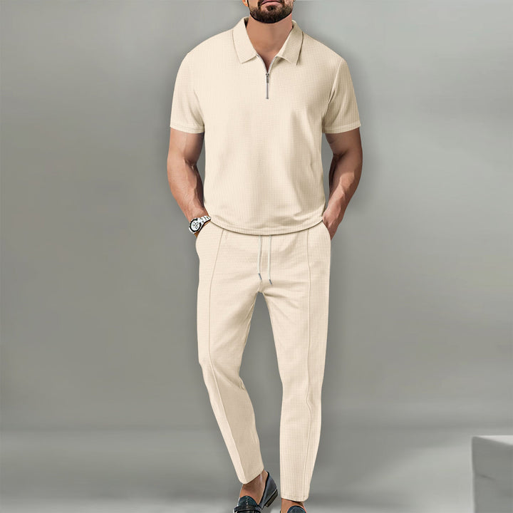 Conjunto masculino waffle de duas peças. Conforto superior para o verão, estilo casual moderno. Perfeito para moda masculina.