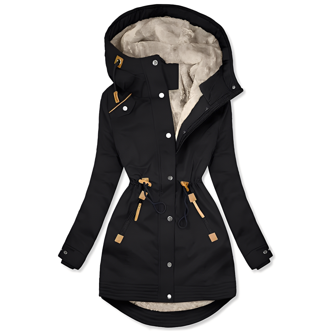 Casaco feminino de inverno com capuz, quente e elegante. Agasalho sazonal para proteção contra frio. Verde, azul, preto.