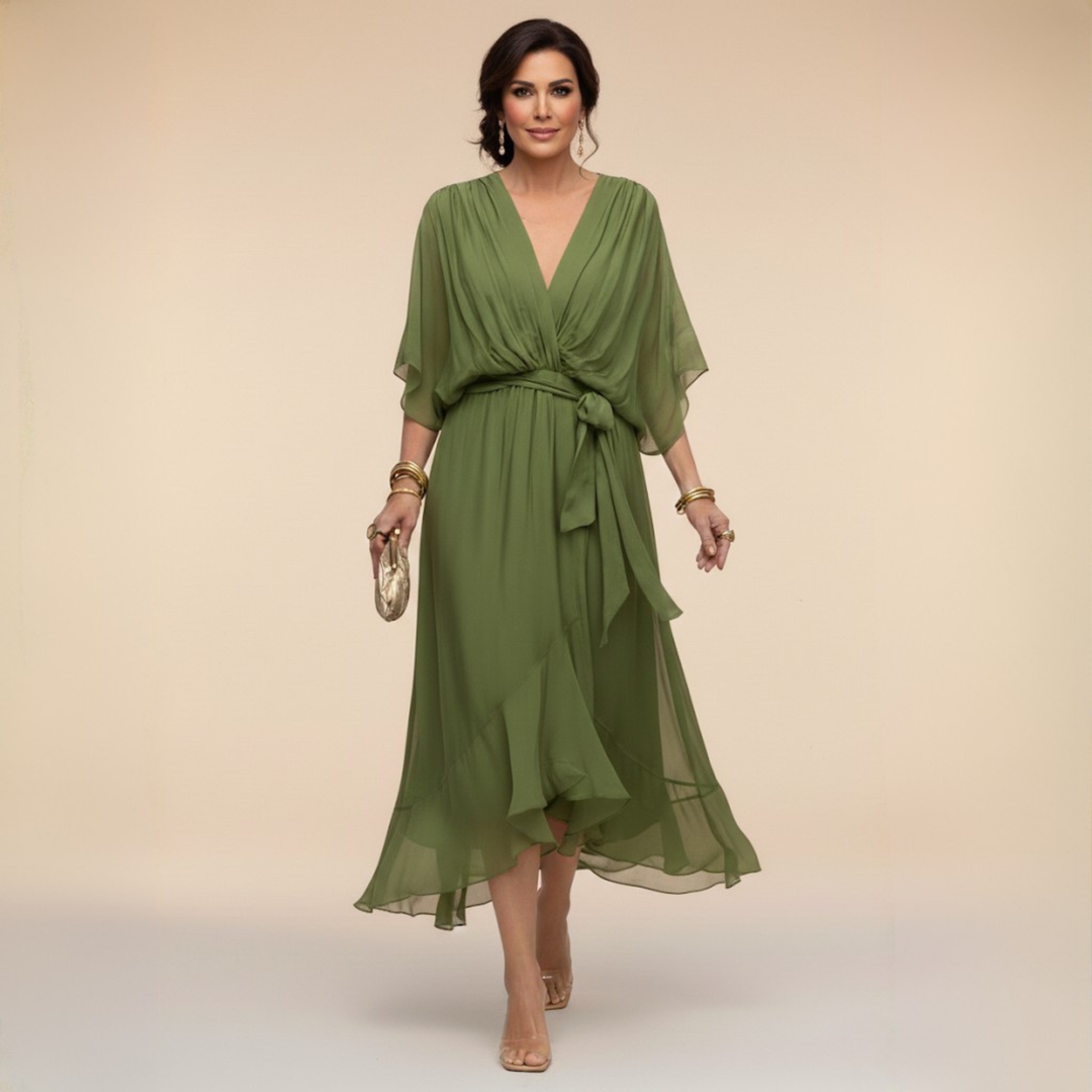 Vestido feminino elegante decote V, ideal verão e festas. Moda versátil e confortável.