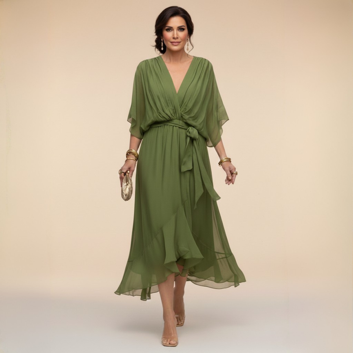 Vestido feminino elegante decote V, ideal verão e festas. Moda versátil e confortável.