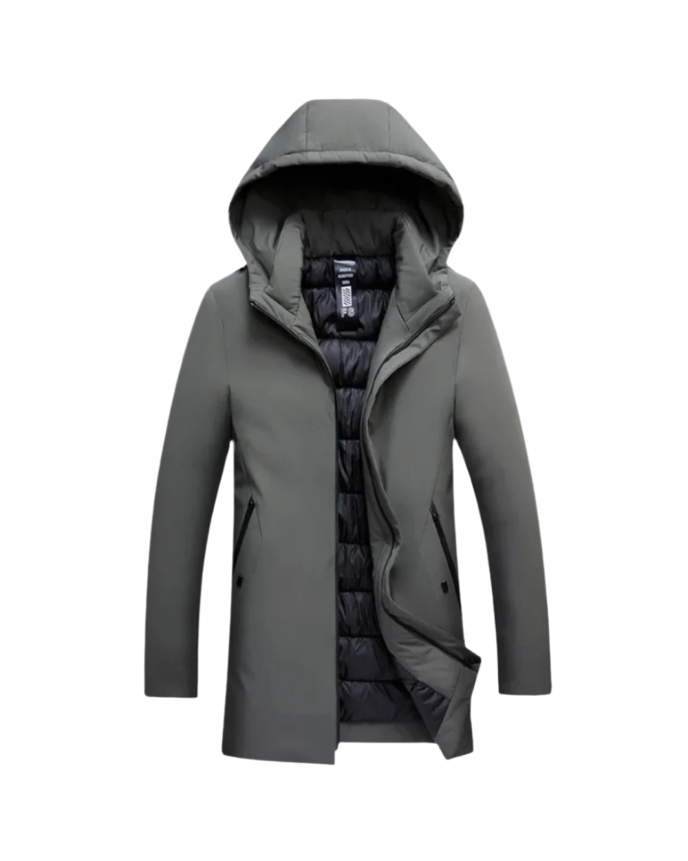 Casaco de inverno masculino elegante, cor preta, com zíper e bolsos. Roupa de frio versátil e agasalho premium para o inverno.