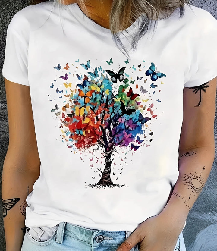Blusa feminina floral de verão, estilo casual. Camiseta estampada para moda feminina, leve e confortável.