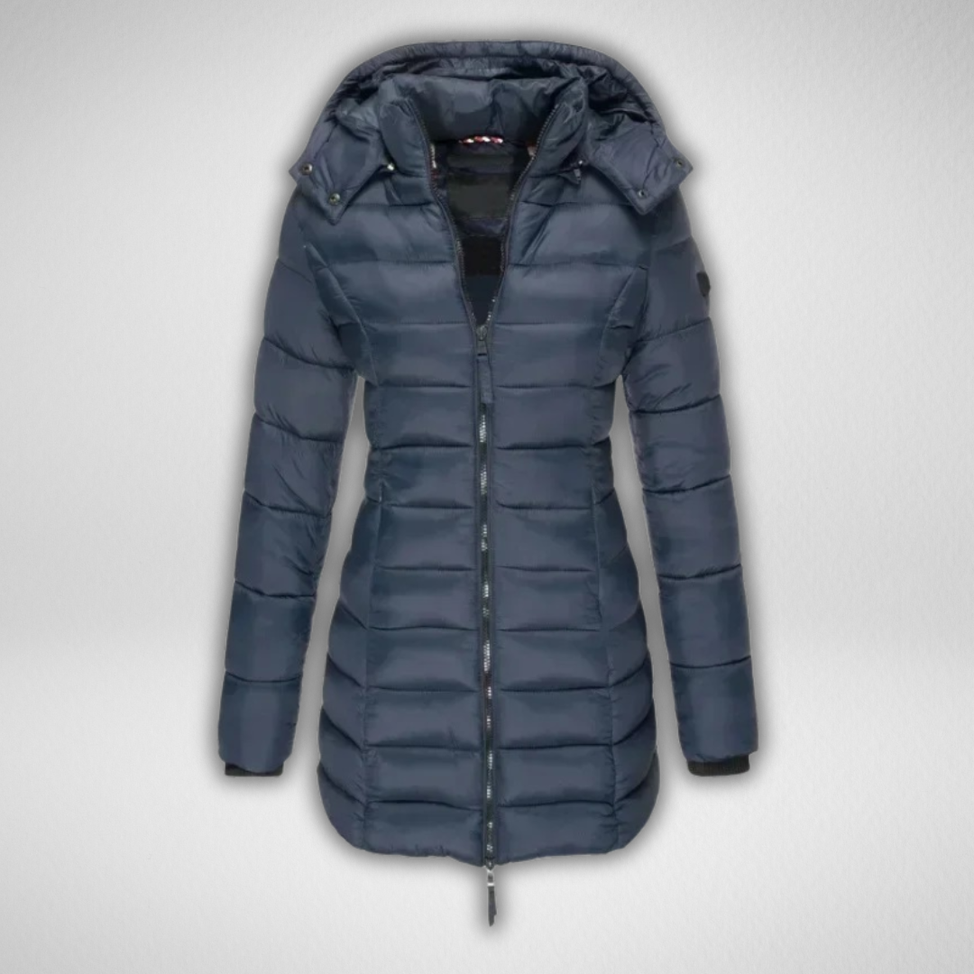 Casaco de inverno feminino acolchoado, ideal para proteger do frio intenso. Proporciona conforto e elegância.