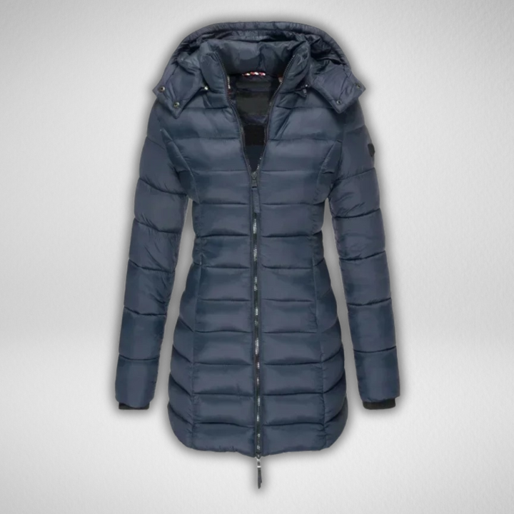 Casaco de inverno feminino acolchoado, ideal para proteger do frio intenso. Proporciona conforto e elegância.