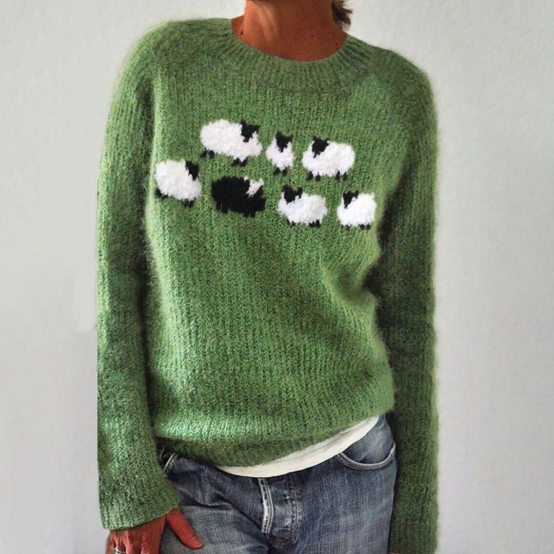 Camisola feminina estampada de manga comprida em tons de verde e cinzento. Peça versátil e elegante para o outono inverno.