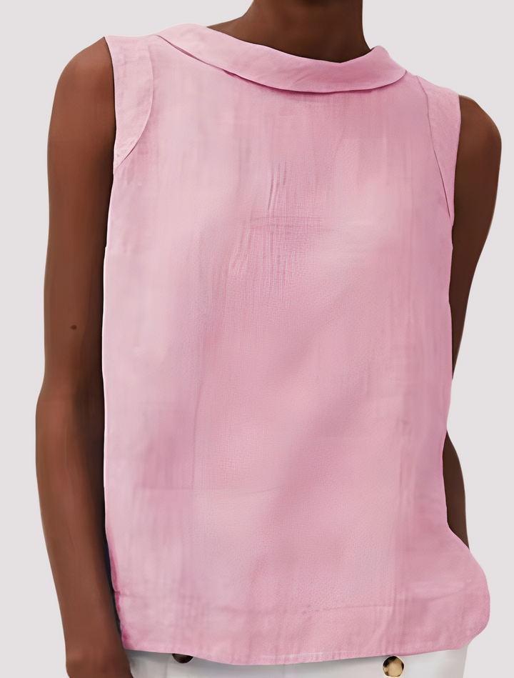 Vista traseira do top feminino sem mangas, revelando o design casual e leve, ideal para a blusa de verão e roupa descontraída.